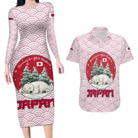 Japan Christmas Couples Matching Long Sleeve Bodycon Dress and Hawaiian Shirt with Sleeping Polar Bear Pine Trees and Chrysanthemum Crest Pattern - Wonder Print Shop