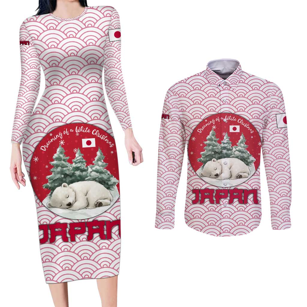 Japan Christmas Couples Matching Long Sleeve Bodycon Dress and Long Sleeve Button Shirt with Sleeping Polar Bear Pine Trees and Chrysanthemum Crest Pattern - Wonder Print Shop