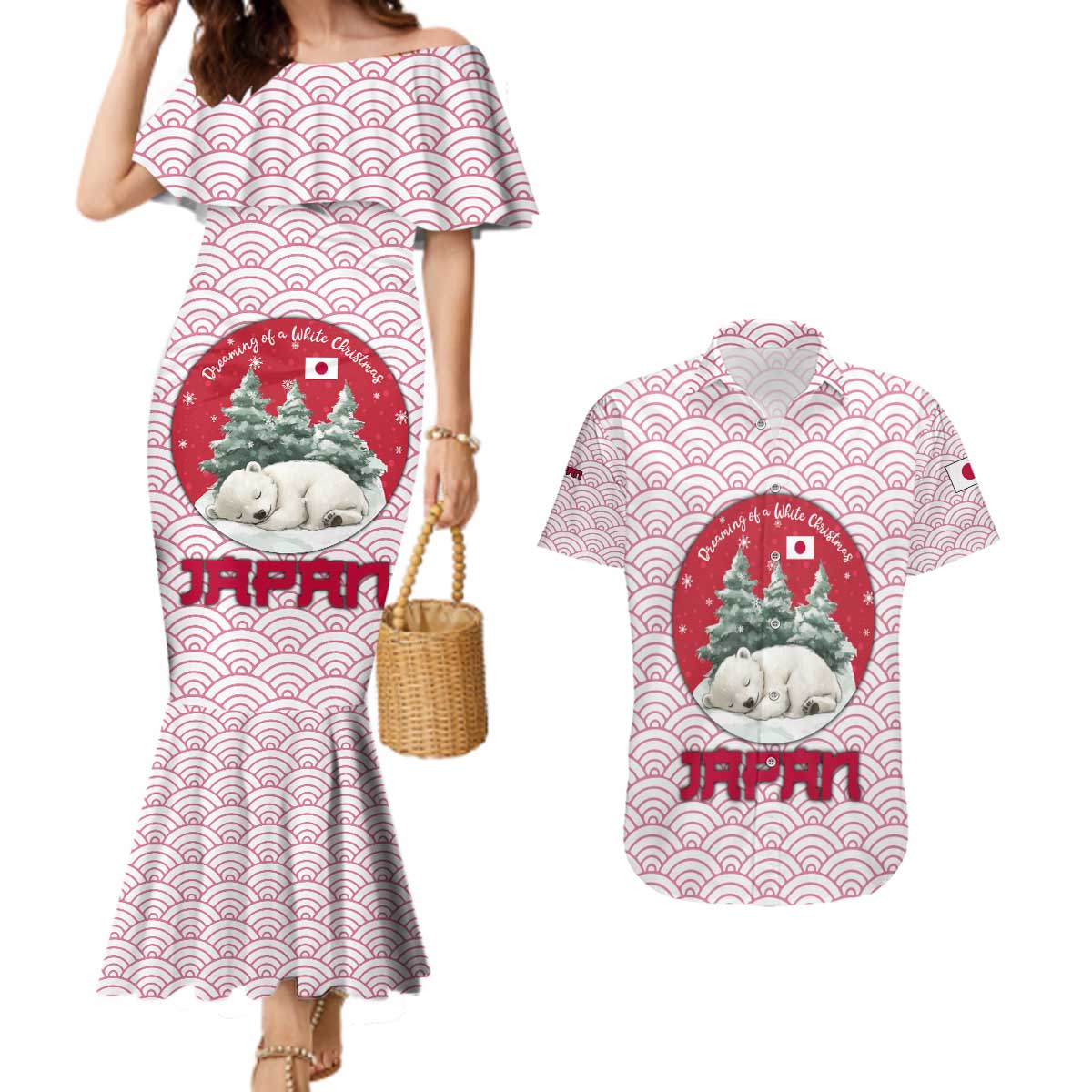 Japan Christmas Couples Matching Mermaid Dress and Hawaiian Shirt with Sleeping Polar Bear Pine Trees and Chrysanthemum Crest Pattern - Wonder Print Shop