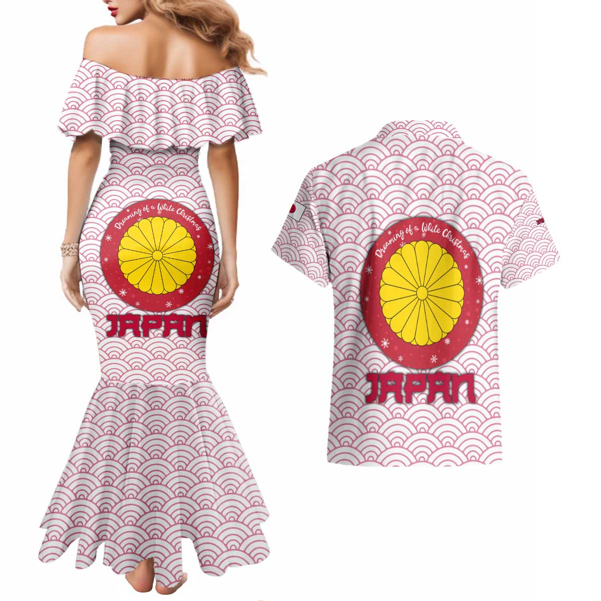 Japan Christmas Couples Matching Mermaid Dress and Hawaiian Shirt with Sleeping Polar Bear Pine Trees and Chrysanthemum Crest Pattern - Wonder Print Shop
