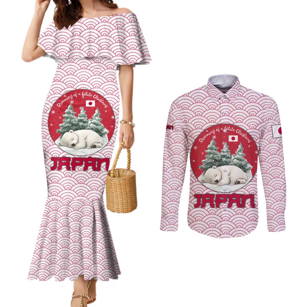 Japan Christmas Couples Matching Mermaid Dress and Long Sleeve Button Shirt with Sleeping Polar Bear Pine Trees and Chrysanthemum Crest Pattern - Wonder Print Shop