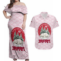 Japan Christmas Couples Matching Off Shoulder Maxi Dress and Hawaiian Shirt with Sleeping Polar Bear Pine Trees and Chrysanthemum Crest Pattern - Wonder Print Shop