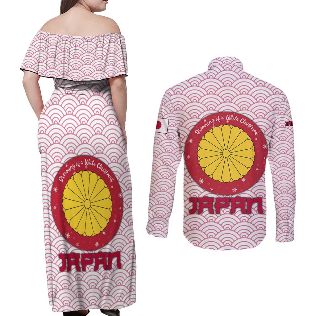 Japan Christmas Couples Matching Off Shoulder Maxi Dress and Long Sleeve Button Shirt with Sleeping Polar Bear Pine Trees and Chrysanthemum Crest Pattern - Wonder Print Shop