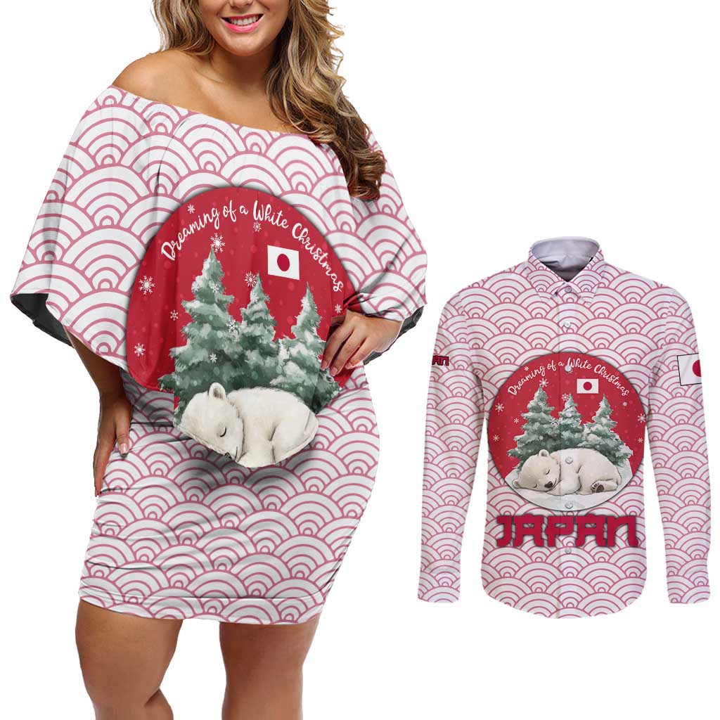 Japan Christmas Couples Matching Off Shoulder Short Dress and Long Sleeve Button Shirt with Sleeping Polar Bear Pine Trees and Chrysanthemum Crest Pattern - Wonder Print Shop