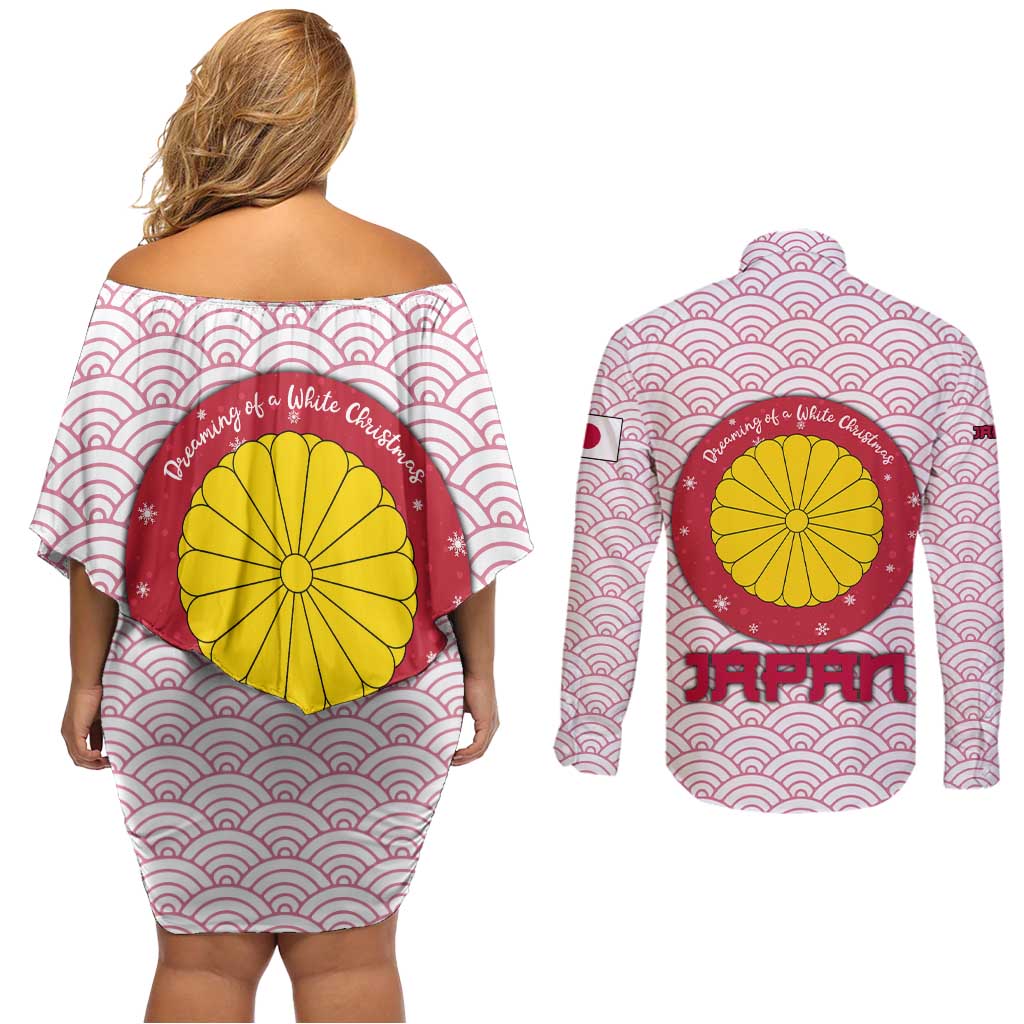 Japan Christmas Couples Matching Off Shoulder Short Dress and Long Sleeve Button Shirt with Sleeping Polar Bear Pine Trees and Chrysanthemum Crest Pattern - Wonder Print Shop