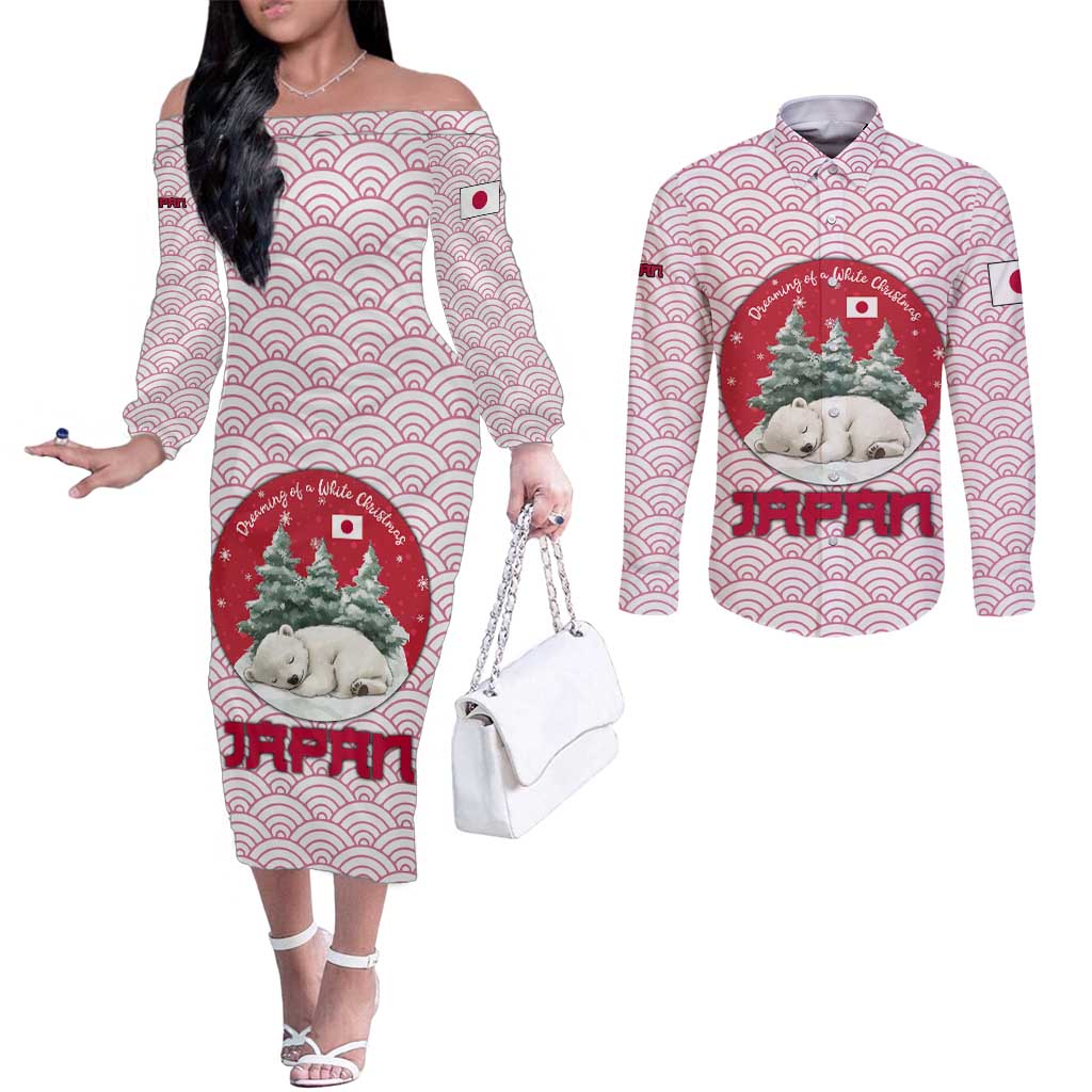 Japan Christmas Couples Matching Off The Shoulder Long Sleeve Dress and Long Sleeve Button Shirt with Sleeping Polar Bear Pine Trees and Chrysanthemum Crest Pattern - Wonder Print Shop
