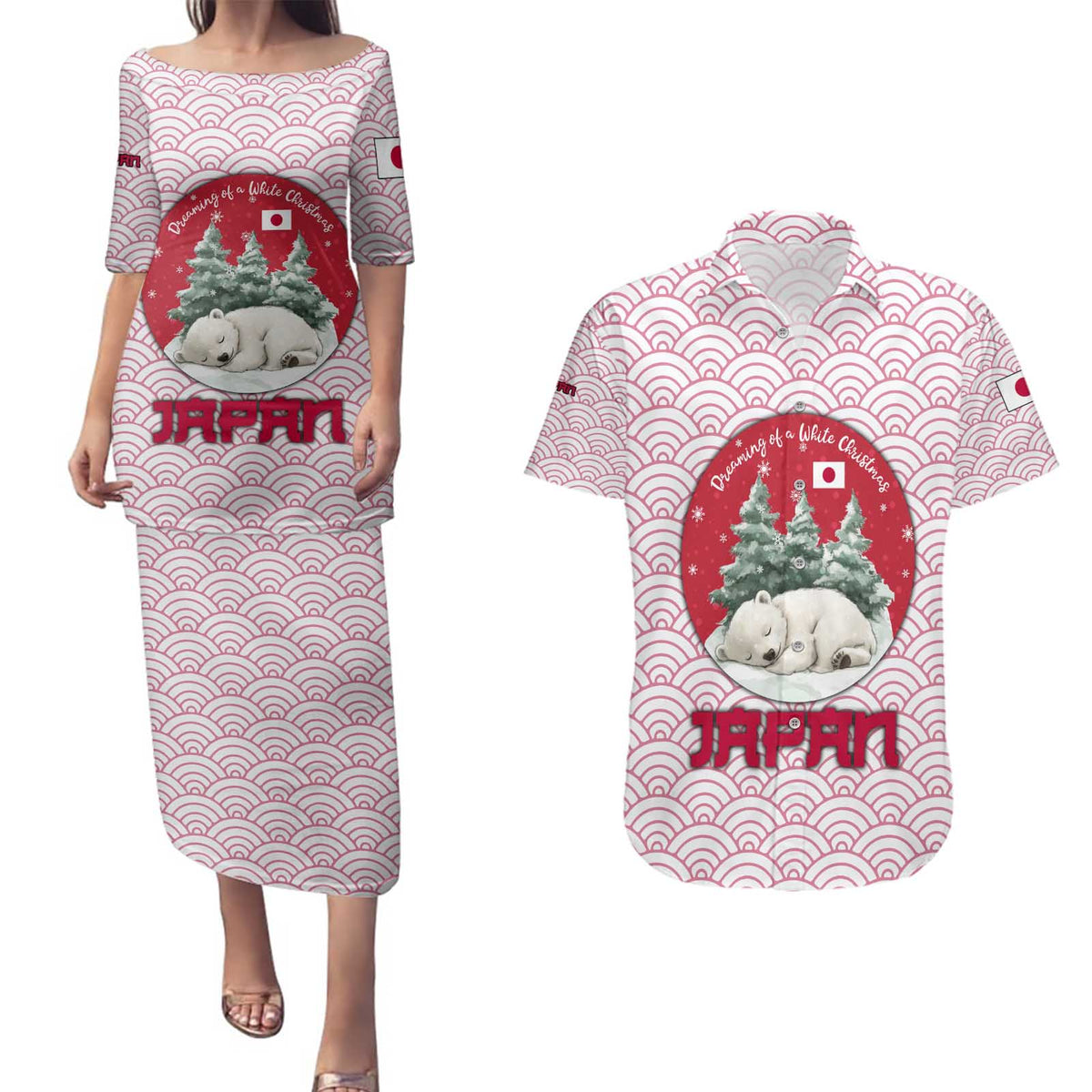 Japan Christmas Couples Matching Puletasi and Hawaiian Shirt with Sleeping Polar Bear Pine Trees and Chrysanthemum Crest Pattern - Wonder Print Shop