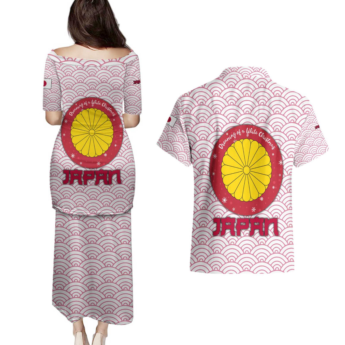 Japan Christmas Couples Matching Puletasi and Hawaiian Shirt with Sleeping Polar Bear Pine Trees and Chrysanthemum Crest Pattern - Wonder Print Shop