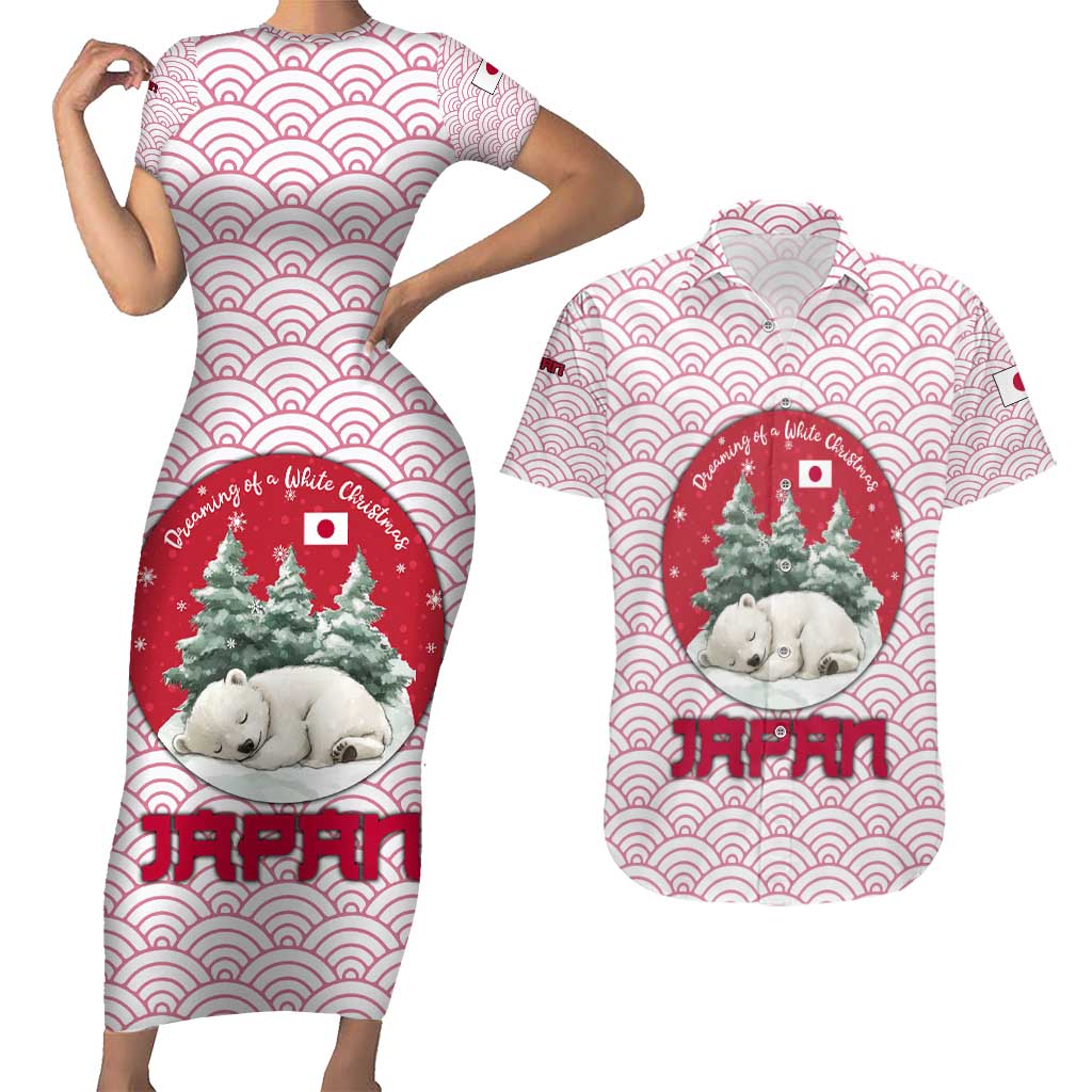 Japan Christmas Couples Matching Short Sleeve Bodycon Dress and Hawaiian Shirt with Sleeping Polar Bear Pine Trees and Chrysanthemum Crest Pattern - Wonder Print Shop