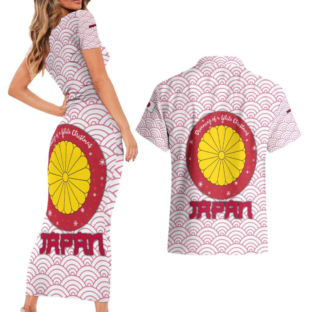 Japan Christmas Couples Matching Short Sleeve Bodycon Dress and Hawaiian Shirt with Sleeping Polar Bear Pine Trees and Chrysanthemum Crest Pattern - Wonder Print Shop