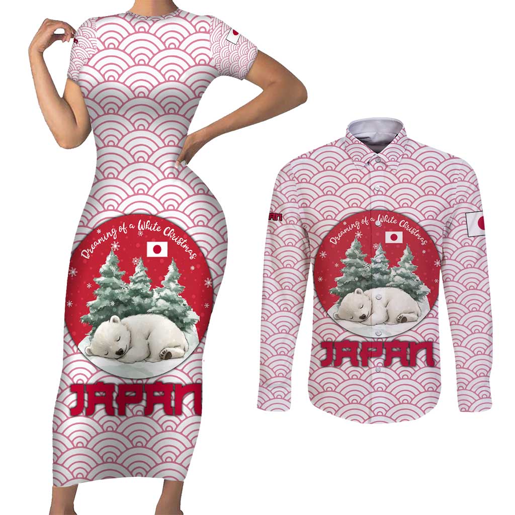 Japan Christmas Couples Matching Short Sleeve Bodycon Dress and Long Sleeve Button Shirt with Sleeping Polar Bear Pine Trees and Chrysanthemum Crest Pattern - Wonder Print Shop