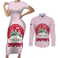 Japan Christmas Couples Matching Short Sleeve Bodycon Dress and Long Sleeve Button Shirt with Sleeping Polar Bear Pine Trees and Chrysanthemum Crest Pattern - Wonder Print Shop