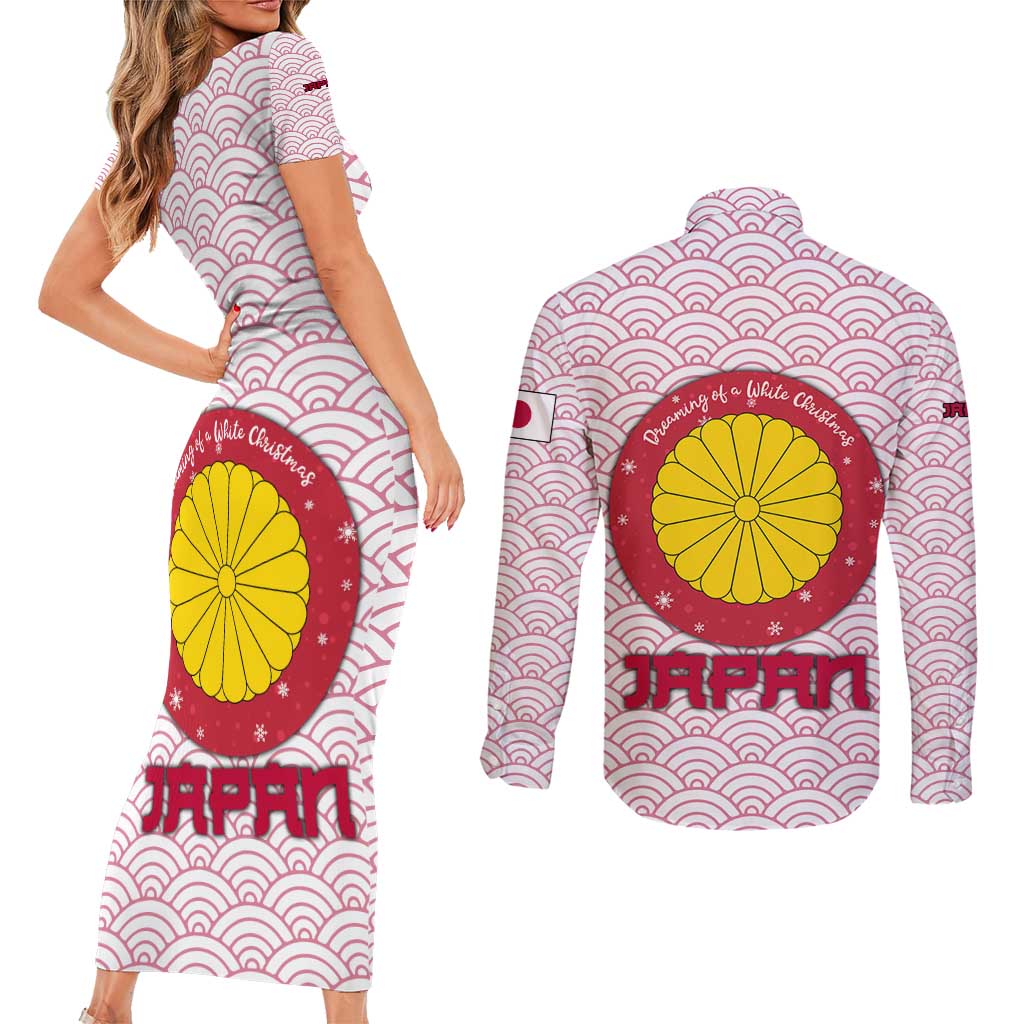 Japan Christmas Couples Matching Short Sleeve Bodycon Dress and Long Sleeve Button Shirt with Sleeping Polar Bear Pine Trees and Chrysanthemum Crest Pattern - Wonder Print Shop