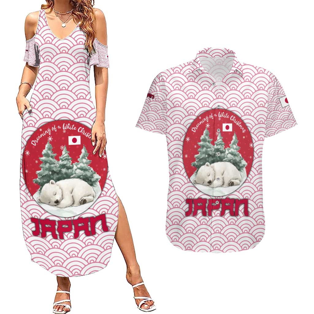Japan Christmas Couples Matching Summer Maxi Dress and Hawaiian Shirt with Sleeping Polar Bear Pine Trees and Chrysanthemum Crest Pattern - Wonder Print Shop