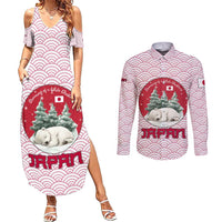 Japan Christmas Couples Matching Summer Maxi Dress and Long Sleeve Button Shirt with Sleeping Polar Bear Pine Trees and Chrysanthemum Crest Pattern - Wonder Print Shop