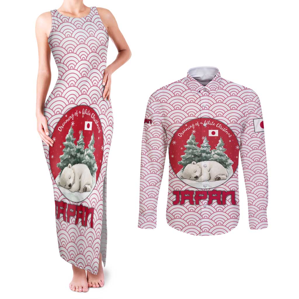Japan Christmas Couples Matching Tank Maxi Dress and Long Sleeve Button Shirt with Sleeping Polar Bear Pine Trees and Chrysanthemum Crest Pattern - Wonder Print Shop