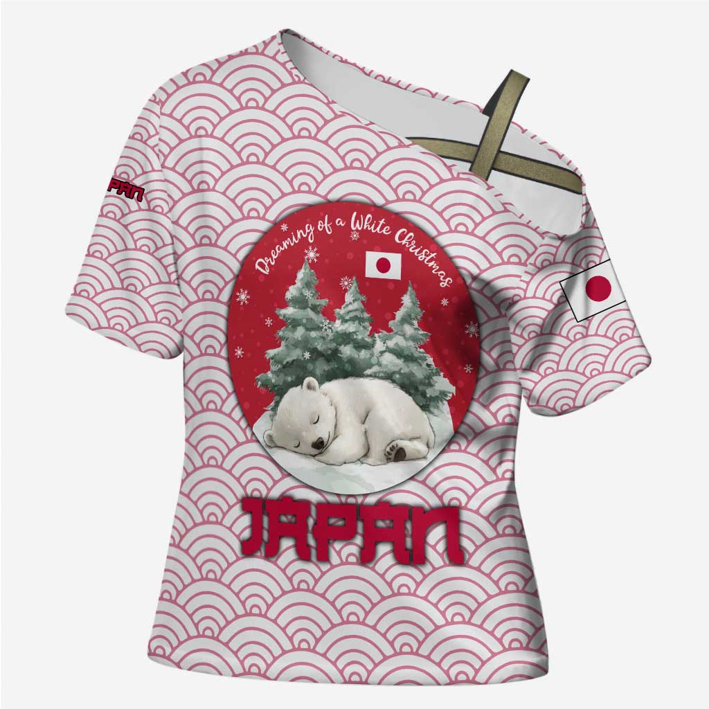 Japan Christmas Cross Shoulder Shirt with Sleeping Polar Bear Pine Trees and Chrysanthemum Crest Pattern - Wonder Print Shop