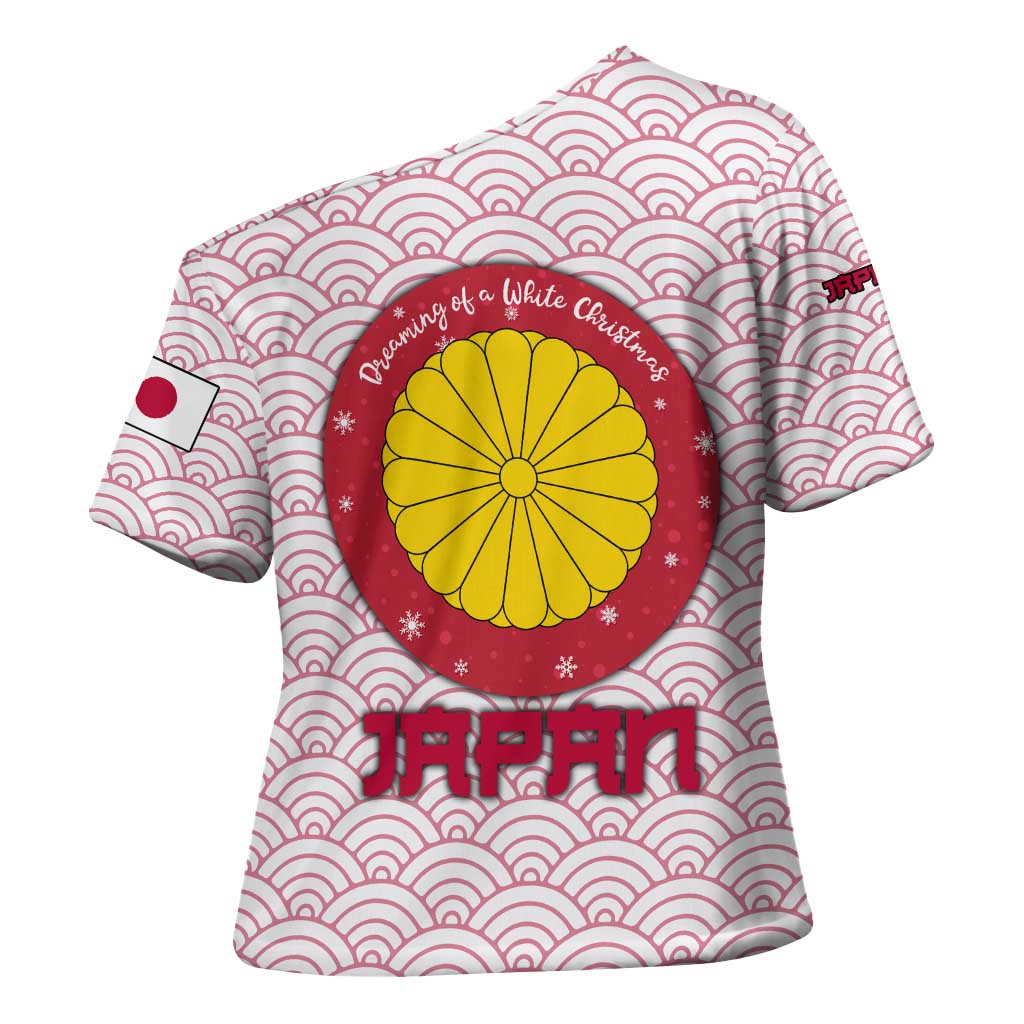 Japan Christmas Cross Shoulder Shirt with Sleeping Polar Bear Pine Trees and Chrysanthemum Crest Pattern - Wonder Print Shop