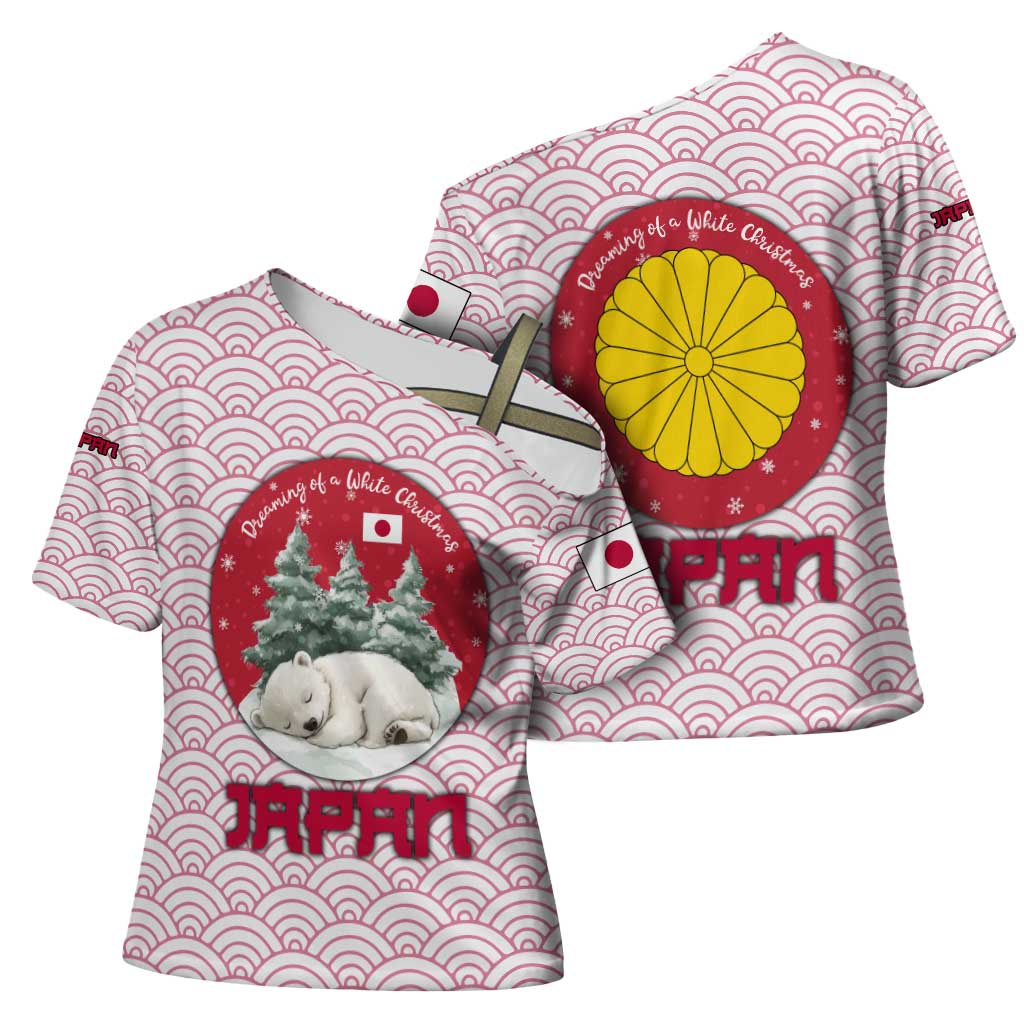 Japan Christmas Cross Shoulder Shirt with Sleeping Polar Bear Pine Trees and Chrysanthemum Crest Pattern - Wonder Print Shop