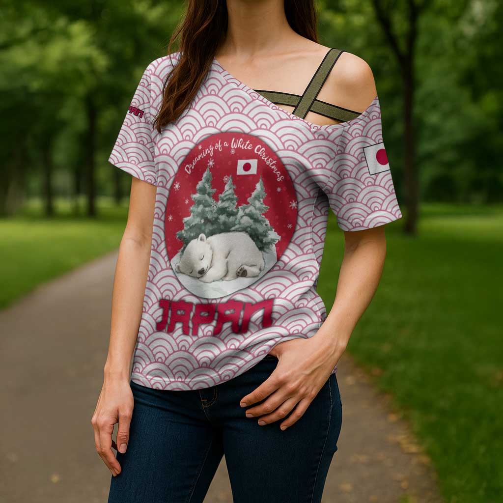 Japan Christmas Cross Shoulder Shirt with Sleeping Polar Bear Pine Trees and Chrysanthemum Crest Pattern - Wonder Print Shop
