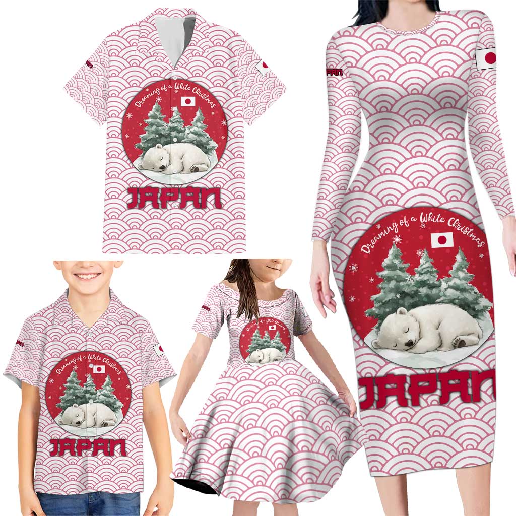 Japan Christmas Family Matching Long Sleeve Bodycon Dress and Hawaiian Shirt with Sleeping Polar Bear Pine Trees and Chrysanthemum Crest Pattern - Wonder Print Shop