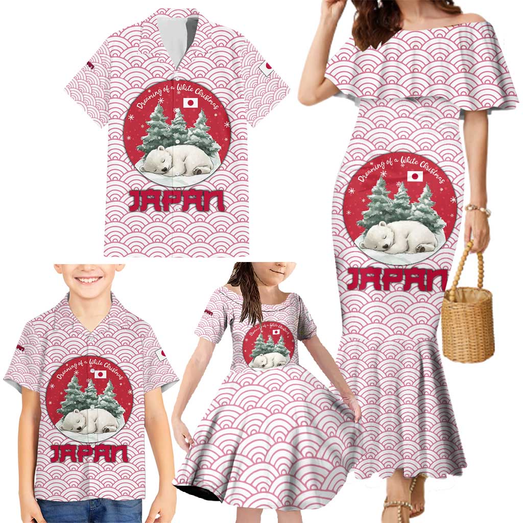 Japan Christmas Family Matching Mermaid Dress and Hawaiian Shirt with Sleeping Polar Bear Pine Trees and Chrysanthemum Crest Pattern - Wonder Print Shop