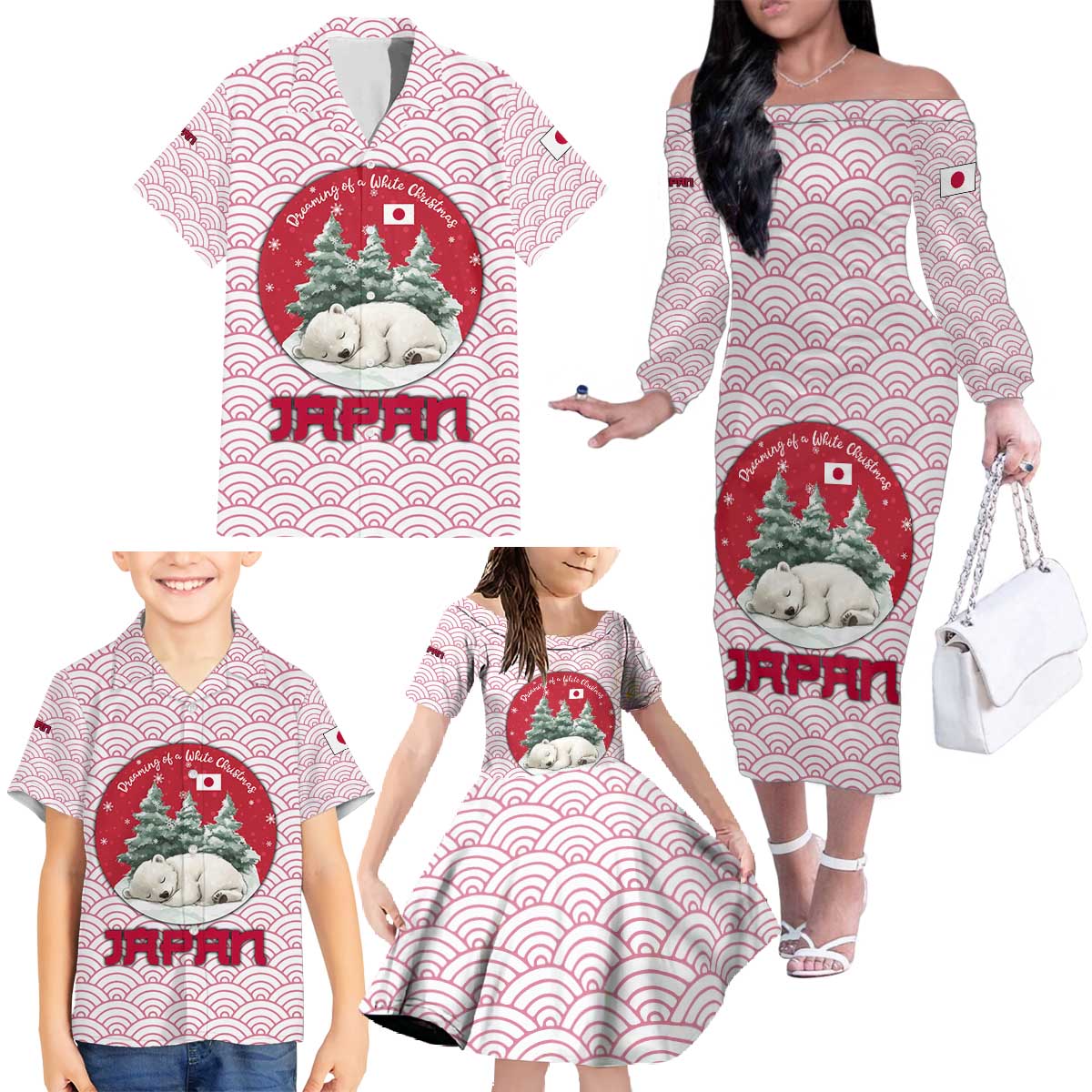 Japan Christmas Family Matching Off The Shoulder Long Sleeve Dress and Hawaiian Shirt with Sleeping Polar Bear Pine Trees and Chrysanthemum Crest Pattern - Wonder Print Shop
