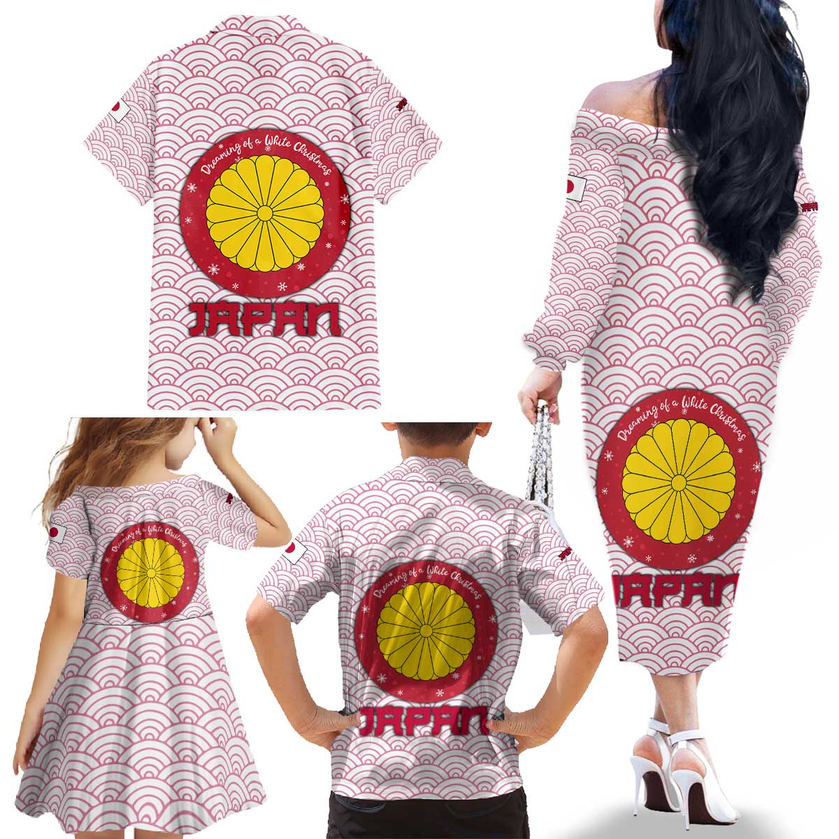 Japan Christmas Family Matching Off The Shoulder Long Sleeve Dress and Hawaiian Shirt with Sleeping Polar Bear Pine Trees and Chrysanthemum Crest Pattern - Wonder Print Shop