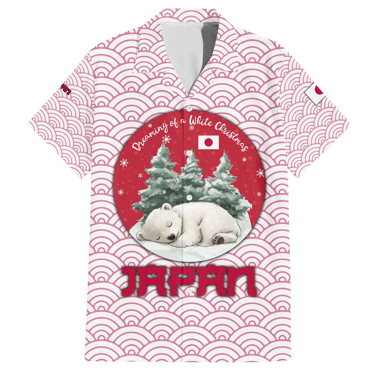 Japan Christmas Family Matching Off The Shoulder Long Sleeve Dress and Hawaiian Shirt with Sleeping Polar Bear Pine Trees and Chrysanthemum Crest Pattern - Wonder Print Shop