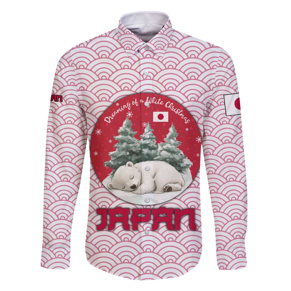 Japan Christmas Family Matching Off The Shoulder Long Sleeve Dress and Hawaiian Shirt with Sleeping Polar Bear Pine Trees and Chrysanthemum Crest Pattern - Wonder Print Shop