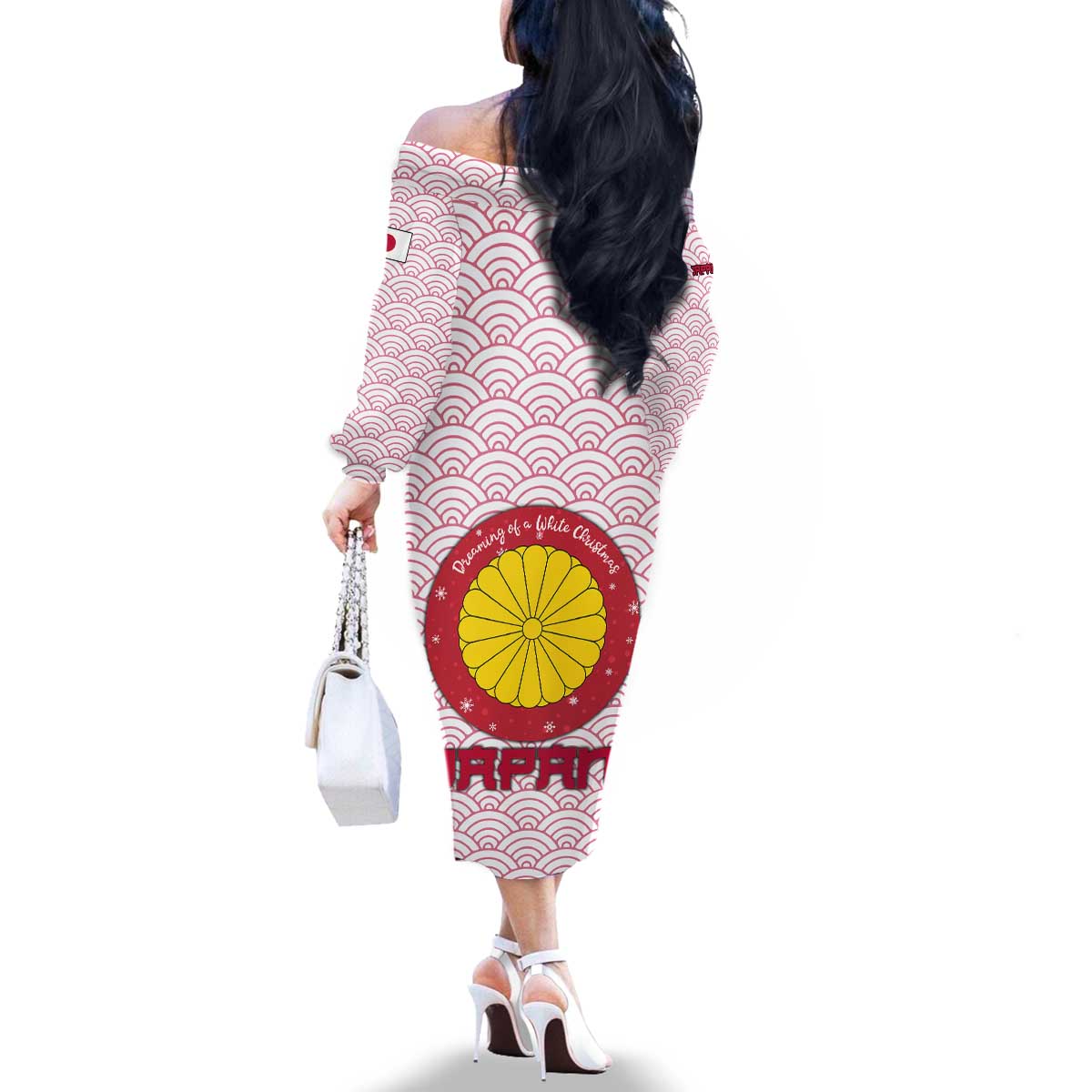 Japan Christmas Family Matching Off The Shoulder Long Sleeve Dress and Hawaiian Shirt with Sleeping Polar Bear Pine Trees and Chrysanthemum Crest Pattern - Wonder Print Shop