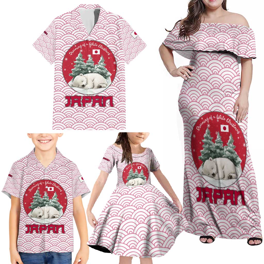Japan Christmas Family Matching Off Shoulder Maxi Dress and Hawaiian Shirt with Sleeping Polar Bear Pine Trees and Chrysanthemum Crest Pattern - Wonder Print Shop