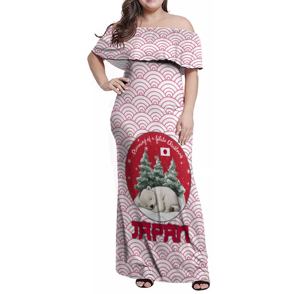 Japan Christmas Family Matching Off Shoulder Maxi Dress and Hawaiian Shirt with Sleeping Polar Bear Pine Trees and Chrysanthemum Crest Pattern - Wonder Print Shop