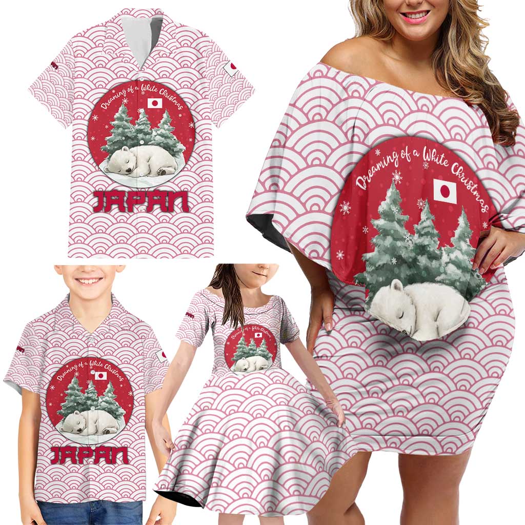 Japan Christmas Family Matching Off Shoulder Short Dress and Hawaiian Shirt with Sleeping Polar Bear Pine Trees and Chrysanthemum Crest Pattern - Wonder Print Shop