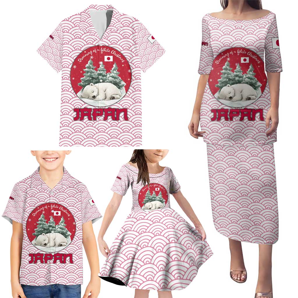 Japan Christmas Family Matching Puletasi and Hawaiian Shirt with Sleeping Polar Bear Pine Trees and Chrysanthemum Crest Pattern - Wonder Print Shop