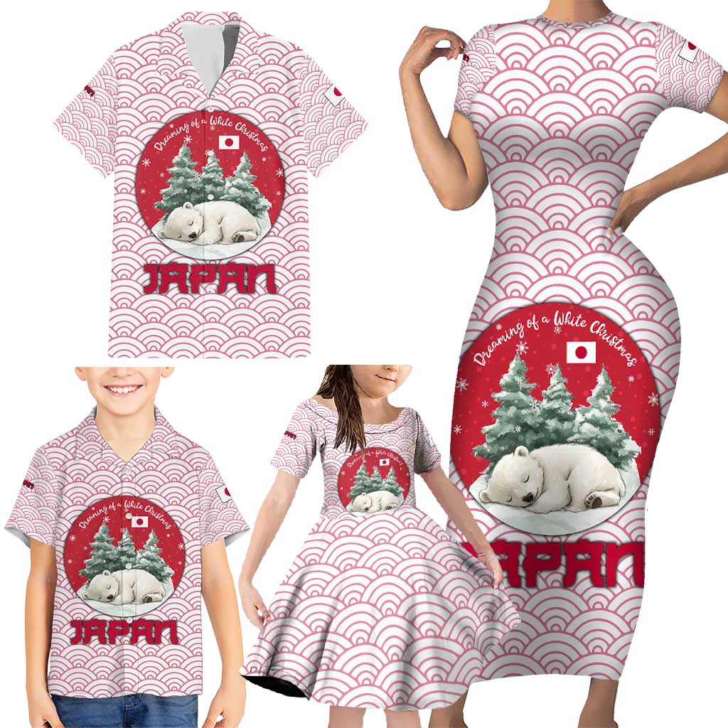 Japan Christmas Family Matching Short Sleeve Bodycon Dress and Hawaiian Shirt with Sleeping Polar Bear Pine Trees and Chrysanthemum Crest Pattern - Wonder Print Shop