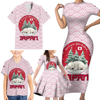 Japan Christmas Family Matching Short Sleeve Bodycon Dress and Hawaiian Shirt with Sleeping Polar Bear Pine Trees and Chrysanthemum Crest Pattern - Wonder Print Shop