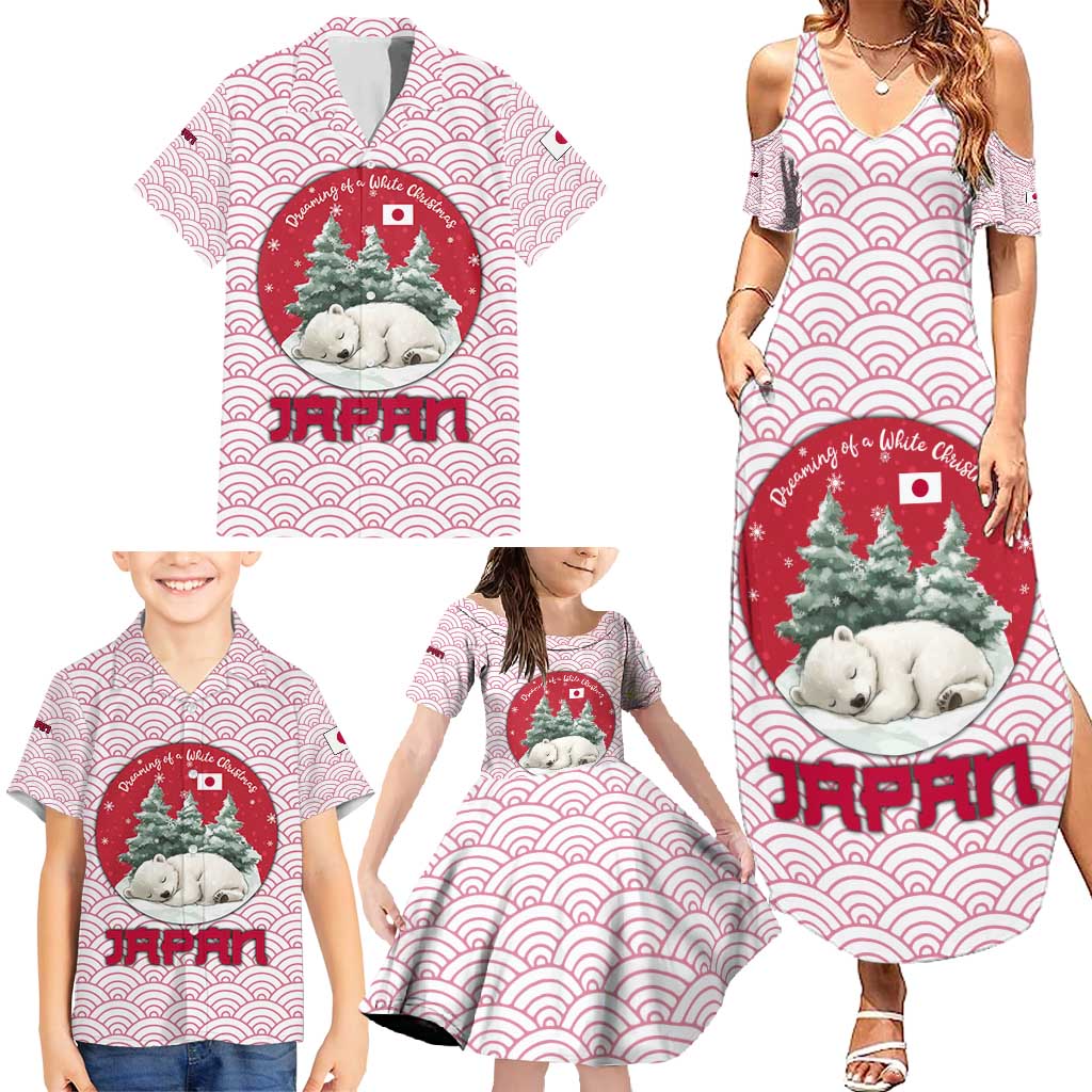 Japan Christmas Family Matching Summer Maxi Dress and Hawaiian Shirt with Sleeping Polar Bear Pine Trees and Chrysanthemum Crest Pattern - Wonder Print Shop