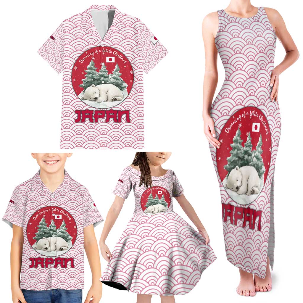Japan Christmas Family Matching Tank Maxi Dress and Hawaiian Shirt with Sleeping Polar Bear Pine Trees and Chrysanthemum Crest Pattern - Wonder Print Shop