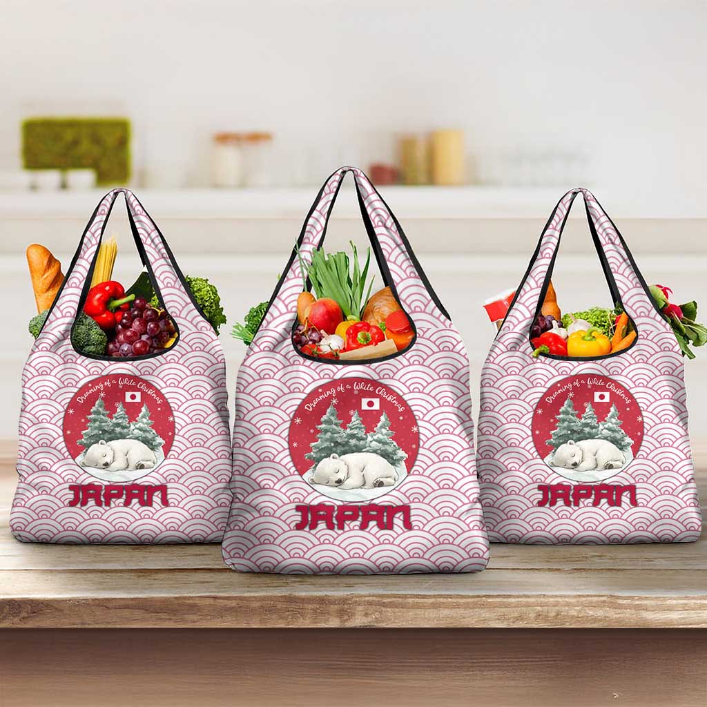 Japan Christmas Grocery Bag with Sleeping Polar Bear Pine Trees and Chrysanthemum Crest Pattern - Wonder Print Shop