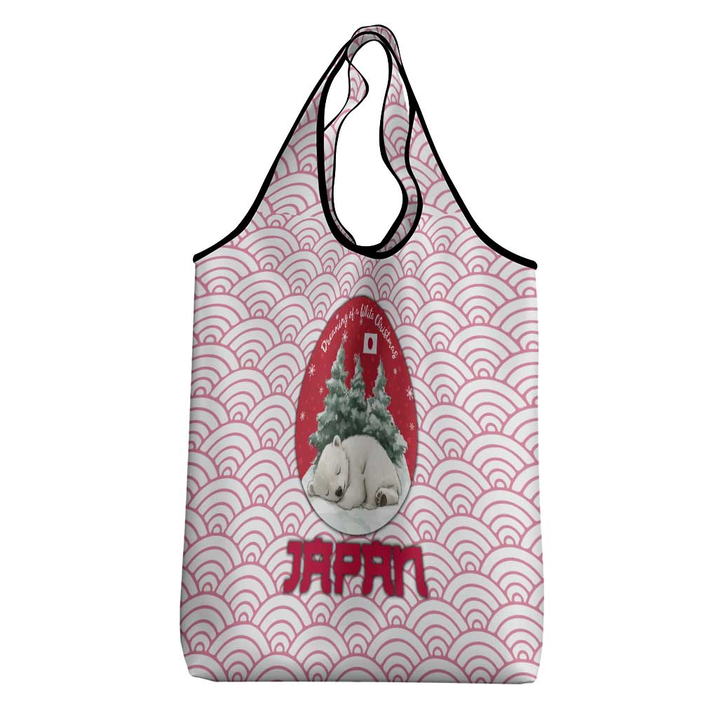 Japan Christmas Grocery Bag with Sleeping Polar Bear Pine Trees and Chrysanthemum Crest Pattern - Wonder Print Shop