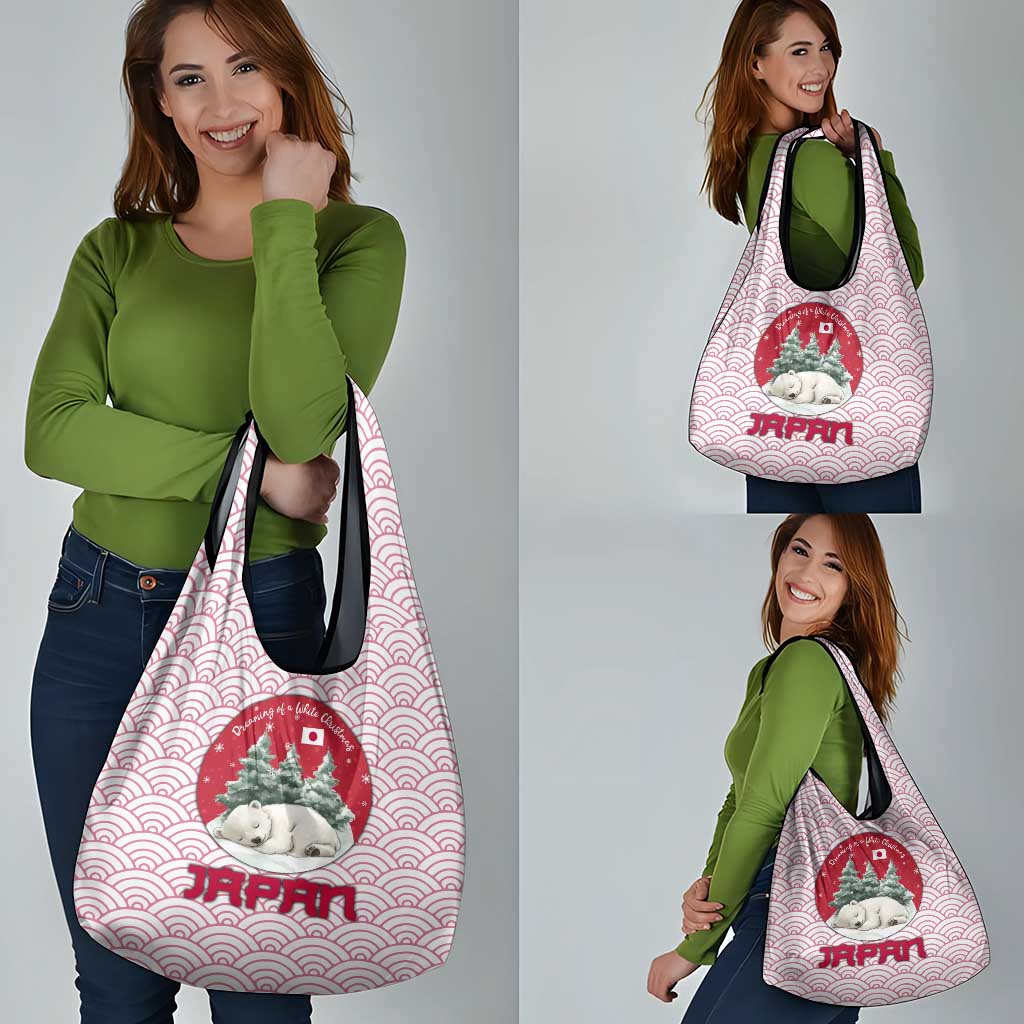 Japan Christmas Grocery Bag with Sleeping Polar Bear Pine Trees and Chrysanthemum Crest Pattern - Wonder Print Shop