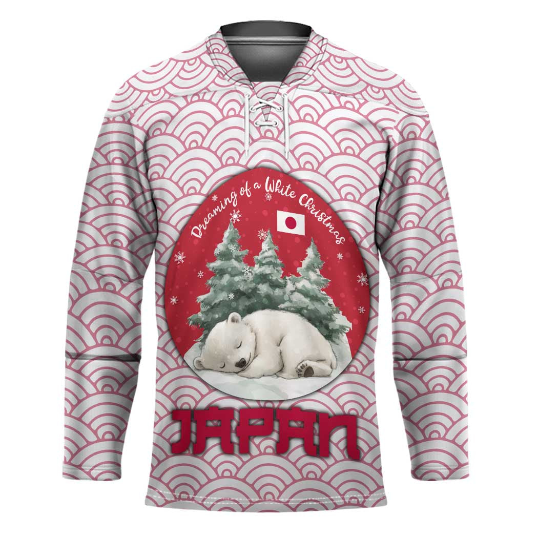 Japan Christmas Hockey Jersey with Sleeping Polar Bear Pine Trees and Chrysanthemum Crest Pattern - Wonder Print Shop