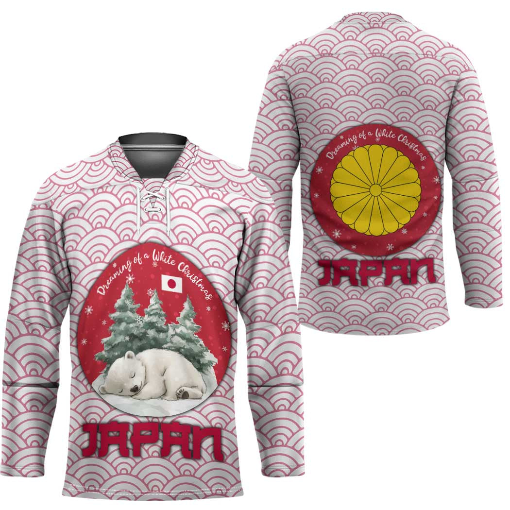 Japan Christmas Hockey Jersey with Sleeping Polar Bear Pine Trees and Chrysanthemum Crest Pattern - Wonder Print Shop