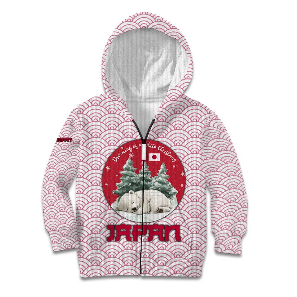 Japan Christmas Kid Hoodie with Sleeping Polar Bear Pine Trees and Chrysanthemum Crest Pattern - Wonder Print Shop