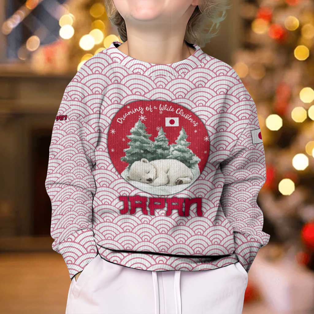 Japan Christmas Kid Ugly Christmas Sweater with Sleeping Polar Bear Pine Trees and Chrysanthemum Crest Pattern - Wonder Print Shop