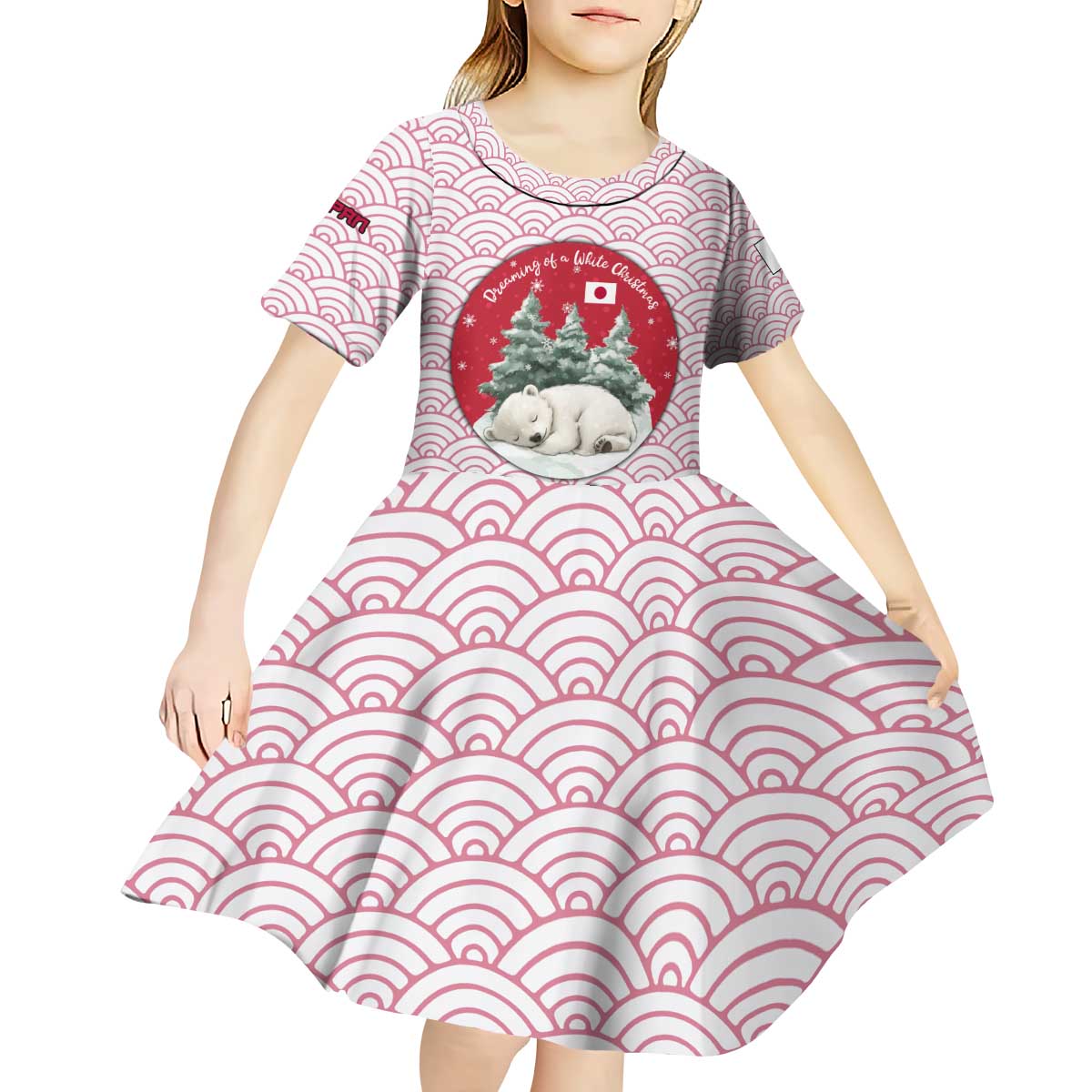 Japan Christmas Kid Short Sleeve Dress with Sleeping Polar Bear Pine Trees and Chrysanthemum Crest Pattern - Wonder Print Shop