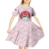 Japan Christmas Kid Short Sleeve Dress with Sleeping Polar Bear Pine Trees and Chrysanthemum Crest Pattern - Wonder Print Shop