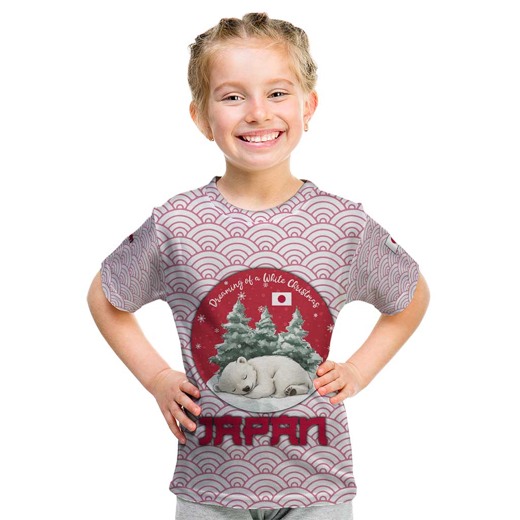 Japan Christmas Kid T Shirt with Sleeping Polar Bear Pine Trees and Chrysanthemum Crest Pattern - Wonder Print Shop