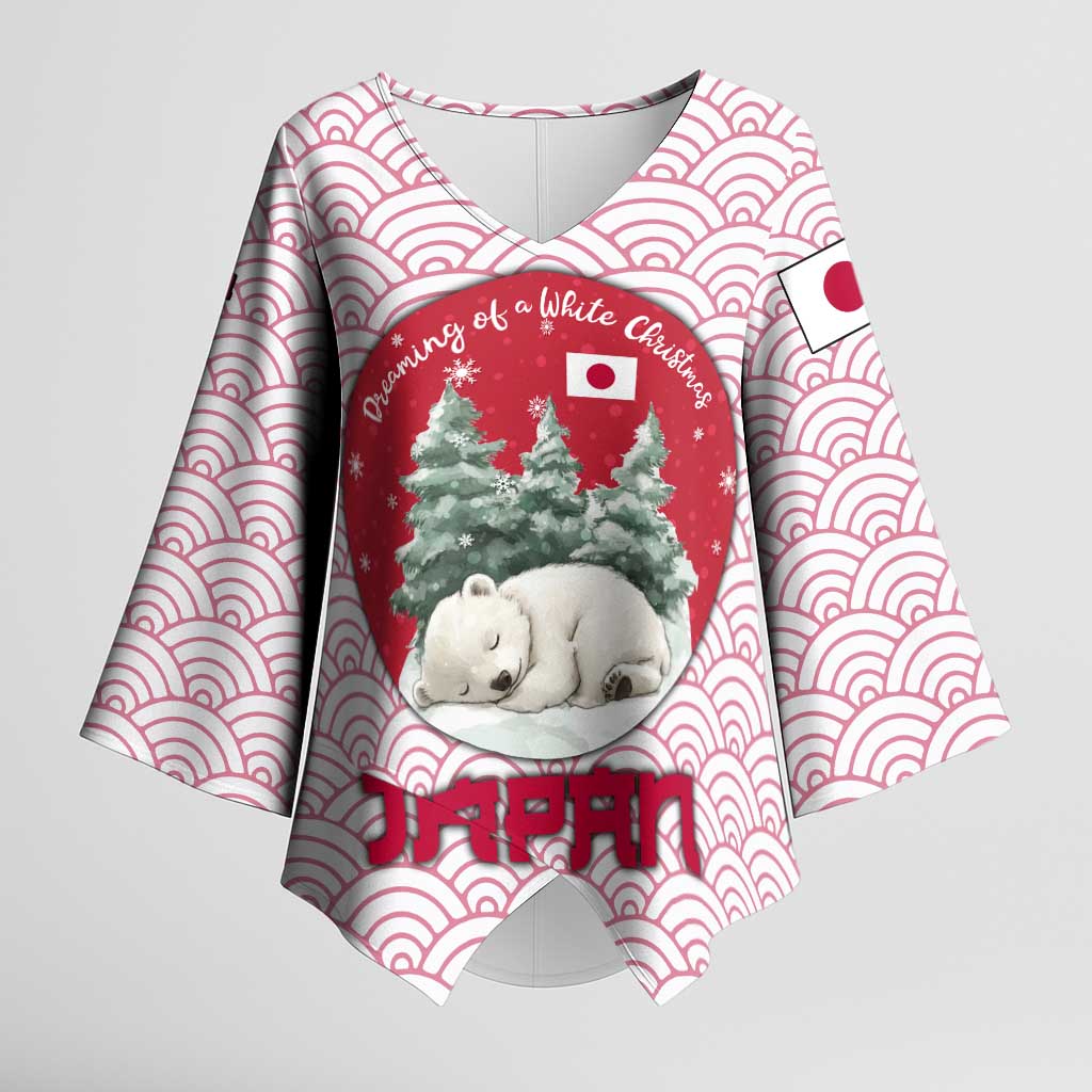 Japan Christmas Kimono Sleeve Blouse with Sleeping Polar Bear Pine Trees and Chrysanthemum Crest Pattern - Wonder Print Shop